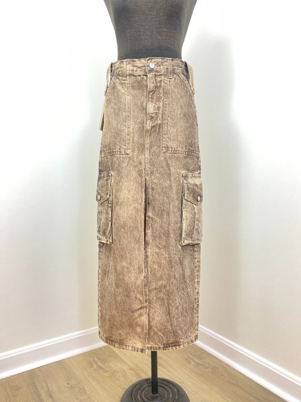 GRLFRND Gia Rolling Loud Acid Wash Cargo Maxi Skirt Brown Size 24